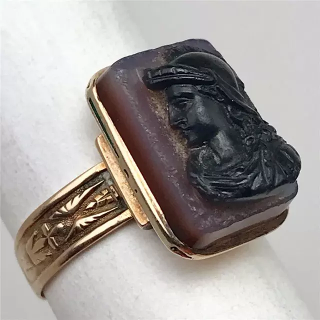 Antique 19thC Victorian Grand Tour Carved Jasper Cameo + 14K Gold Ring Size 8.25