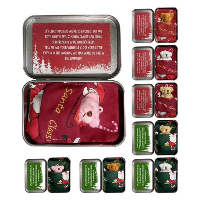 Christmas Bear In a Tin Pocket Bear Plush Stuffed Toys w/ Cards&Quilts Tiny Bear