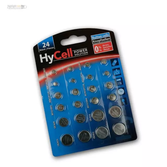 24 x Knopfzellen-Sparset Hycell - Je 2x CR2032 CR2025 CR2016 CR1620 LR41 LR43