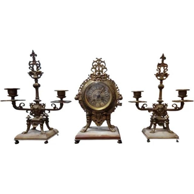 Antique French AD Mougin Deux Medailes Clock And 2 Candelabras Mantel Clock Set