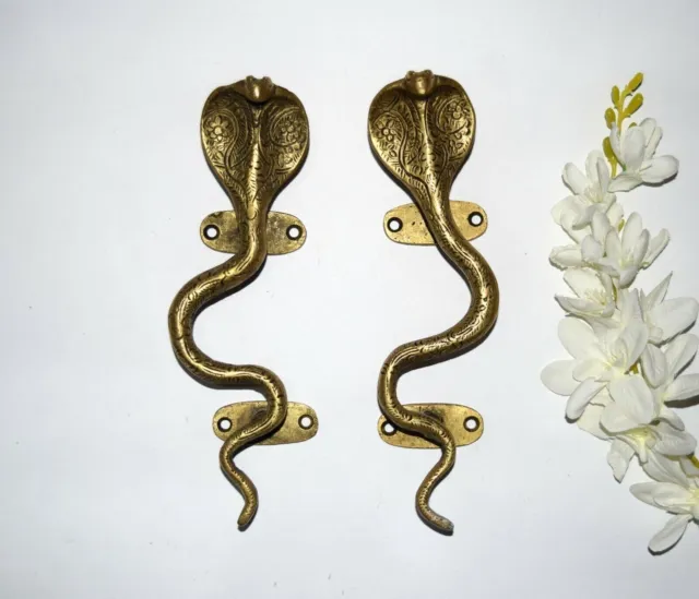 Brass Snake Door Handle Pair Cobra Figurine Main Gate Pull - 8.5'' Inches