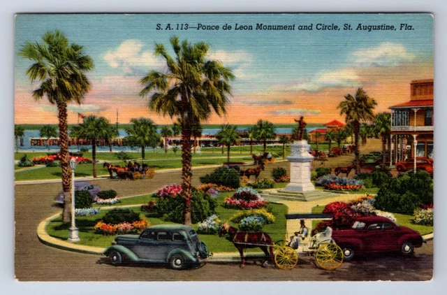 Vintage Ponce De Leon Monument & Circle St Augustine Florida Postcard Fj