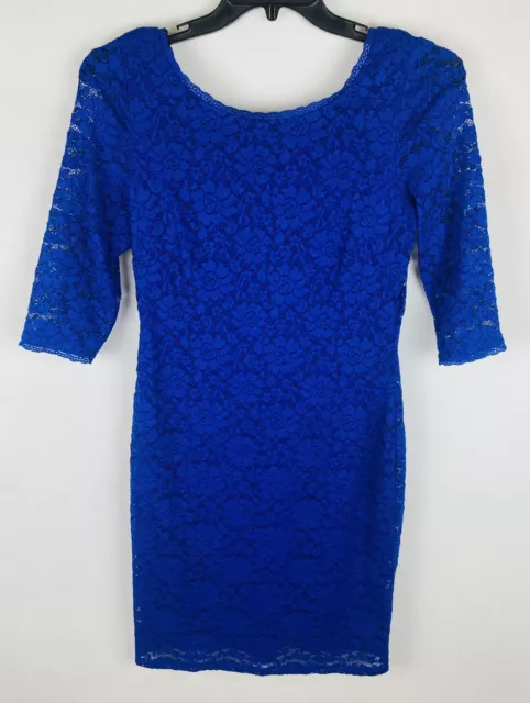 Eliza J Womens Dress 8 Blue Sheath Floral Lace 3/4 Length Sleeve Lined Stretch