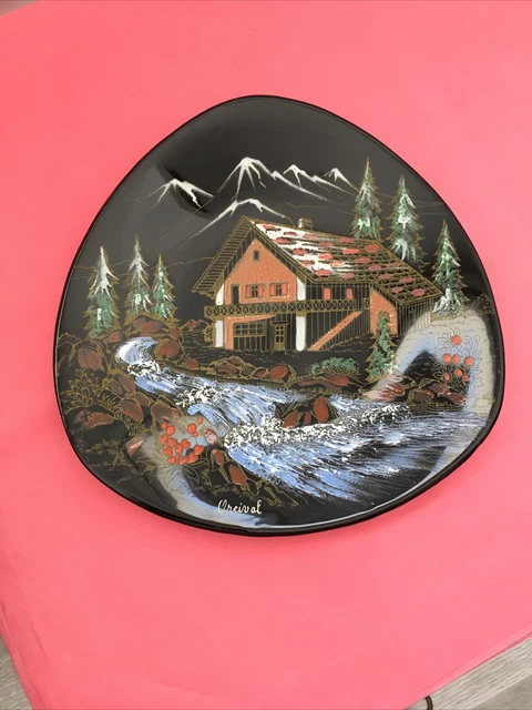 ASSIETTE DÉCORATIVE LONGWY Céramique Noire émaillée "HAUTE MONTAGNE" Signé