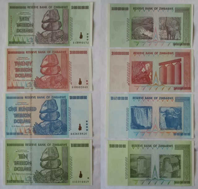 10 bis 100 Trillion Dollar 4 x Banknoten Bank of Zimbabwe Simbabwe 2008 (165258)