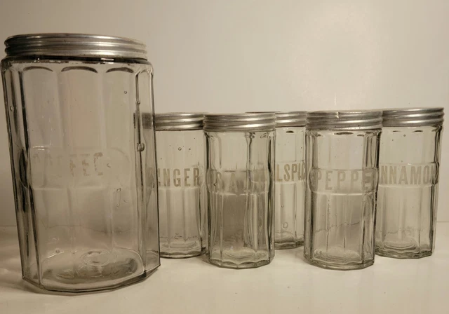 VTG Hoosier Coffee Jar and 5 Spice Jars 12-Paneled Etched w Aluminum Lids