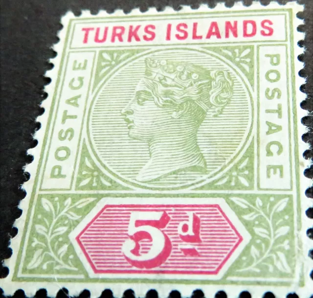 Turks & Caicos Stamps - Victoria - 1894 - 5d Olive Green & Carmine - SG: 72 Mint