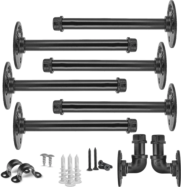 Set of 6 Black Iron Pipe Floating Shelf Bracket 8 Inch (Bonus: 2 Hooks), Heavy