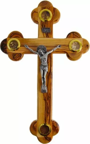 Olive Wood Cross Crucifix with Holy Essences