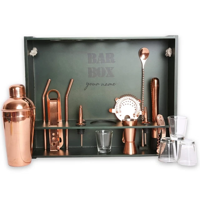 19 Pièces Cocktail Shaker Set Rustique Bois Support Barman Kit pour Absorbant Or