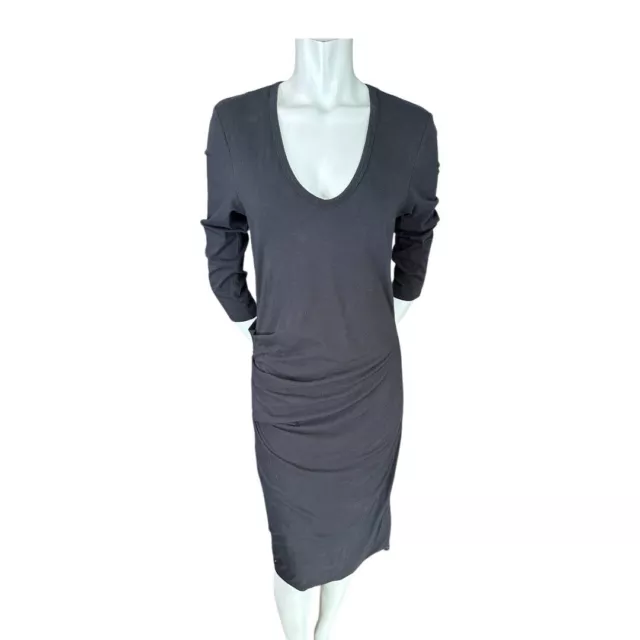 Standard James Perse Black Cotton Jersey V Neck Ruched 3/4 Sleeve Dress Size 4