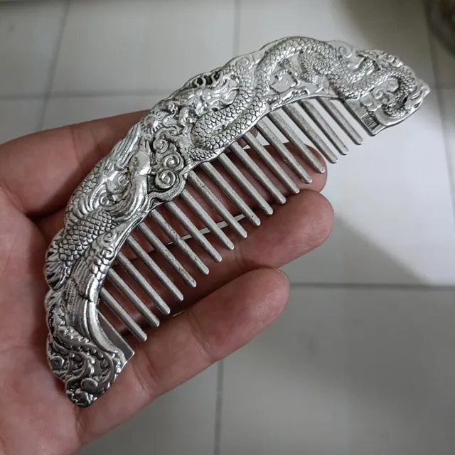 Old Chinese Exquisite tibet silver handcarved Dragon Phoenix comb 5029