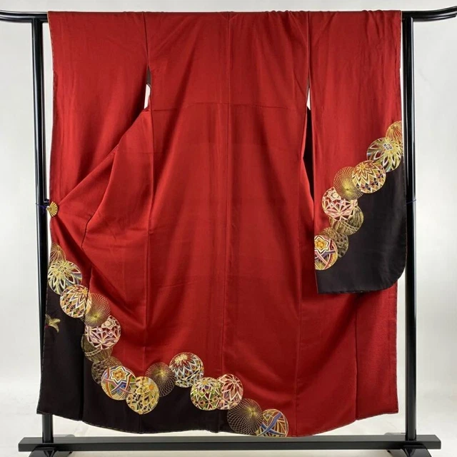 Japanese Kimono Furisode Pure Silk Red Embroidery Ball Gold Thread Lined Kimono