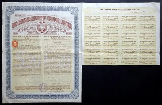 1910 Ecuador: The Central Railway of Ecuador - uncancelled First Mortgage Bond