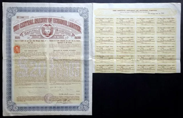 1910 Ecuador: The Central Railway of Ecuador - uncancelled First Mortgage Bond
