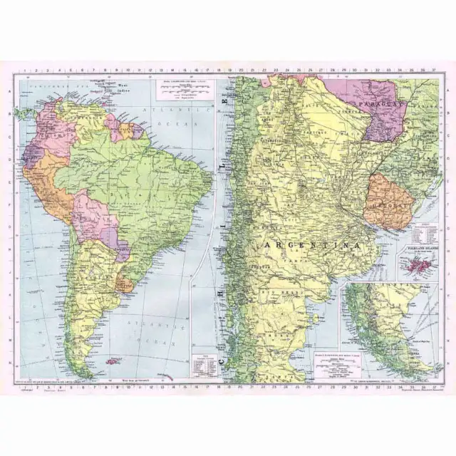 SOUTH AMERICA Political; inset Argentina, Falkland Islands - Vintage Map 1945