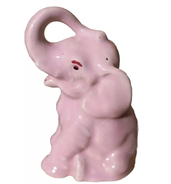 Vintage Pink Ceramic Elephant Piggy Bank MCM Trunk Up Lucky