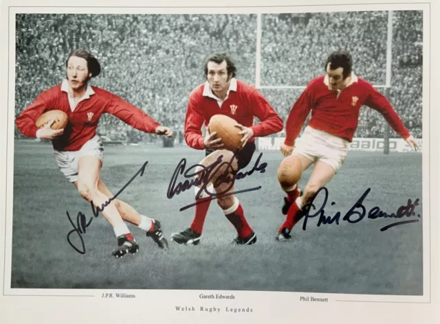 JPR Williams Gareth Edwards & Phil Bennett (Wales) signed 16x12 photo RACC AFTAL