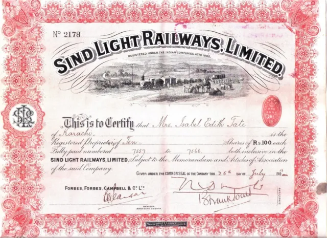British India SIND LIGHT RAILWAY LIMITED Share Certificate 1913, Indian Act 1882
