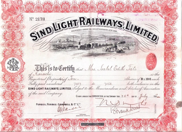 British India SIND LIGHT RAILWAY LIMITED Share Certificate 1913, Indian Act 1882