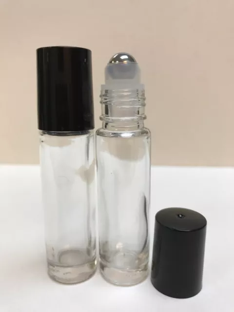 144 Pcs PLAIN 1/3 oz 10ml Glass Rollon Bottle W/BLACK Cap & Steel Roller