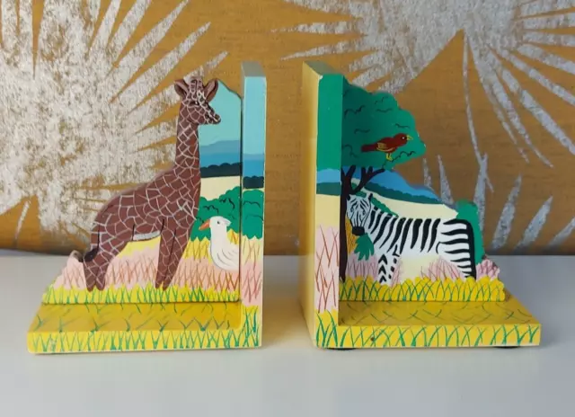 Vintage Wooden Hand Painted Children's Nursery Book Ends Giraffe Zebra Jungle