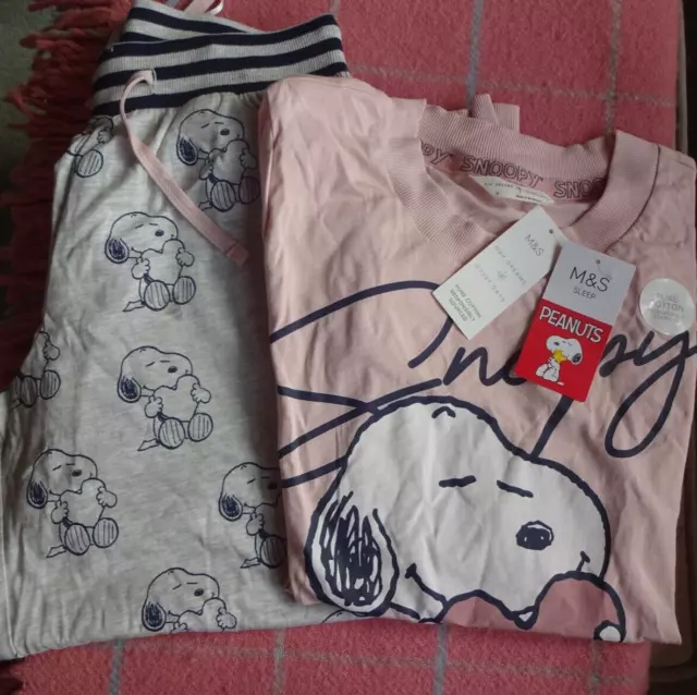 Ladies Marks And Spencer M&S Peanuts Pink Snoopy Long Pyjama Set Size 6 Bnwt