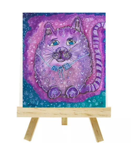 Miniature Art Cat ACEO Purple Watercolor Painting Whimsical Kitty Print ATC