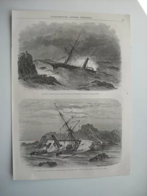 Gravure 1866. Perte Du Paquebot Le Borysthene, Au Large D’oran, Sur Ile Plane...