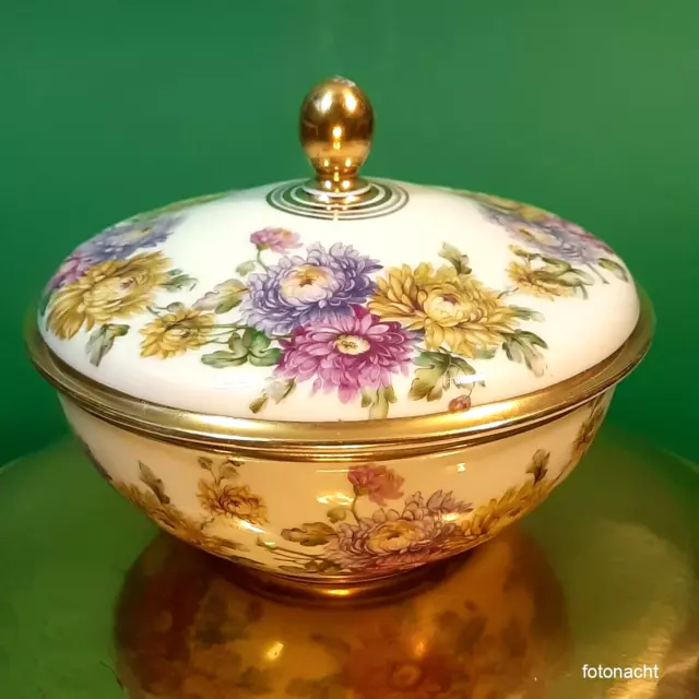 Johann Haviland Bavaria - Deckeldose Blumendekor Goldrand antik - Ø 15 cm