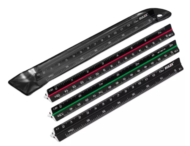 Rulex 150mm 15cm Mini Black Metal Triangular Scale Ruler with Coloured Stripes