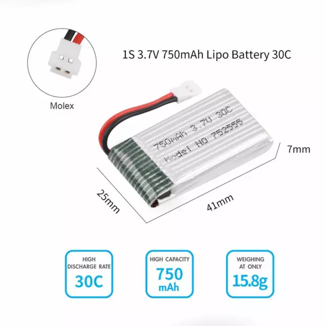 6 x Ersatz Akku mit Ladegerät  für Syma Drohne X5 X5C X5SC X5SW | 3,7V / 750mAh 2