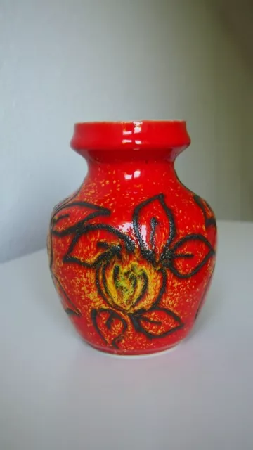 Vintage Vase Bay Keramik rot gelb schwarz Blumen Dekor Fat Lava MCM WGP 60s 70s