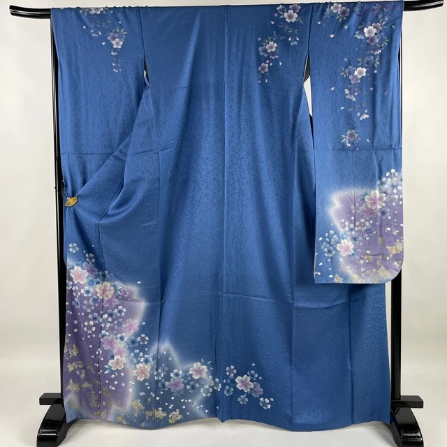 Japanese Silk Kimono Vintage Furisode Gold Gorgeous Blue Silver Thread 65in