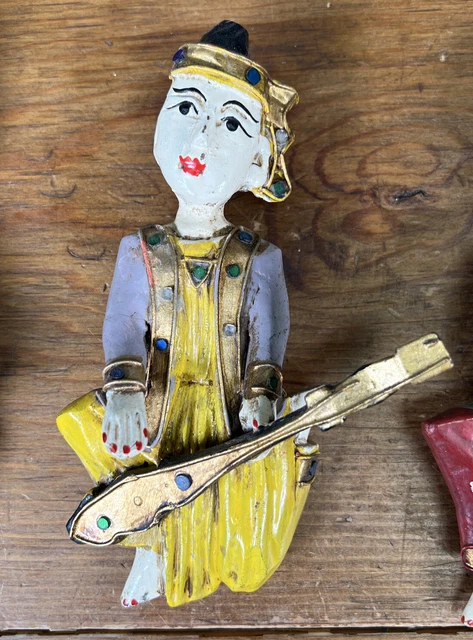3 Burmese Temple Musicians Wall Plaques Hand Carved Wood Java Burma 7 In 5