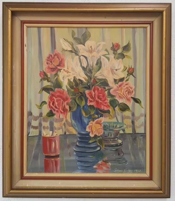 Wunderschönes Ölgemälde mit Rahmen Malerei Oil Painting Stillleben Blumen 1953