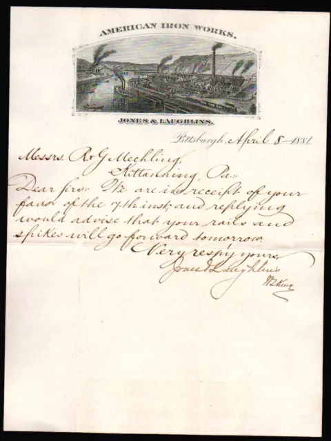 1881 Pittsburgh Pa - American Iron Works - Jones & Laughlins - Letter Head Bill