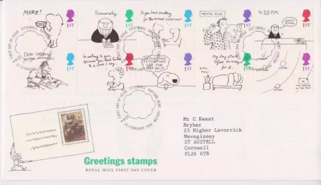 Gb Royal Mail Fdc 1996 Greetings Cartoons Set Titterhill Pmk