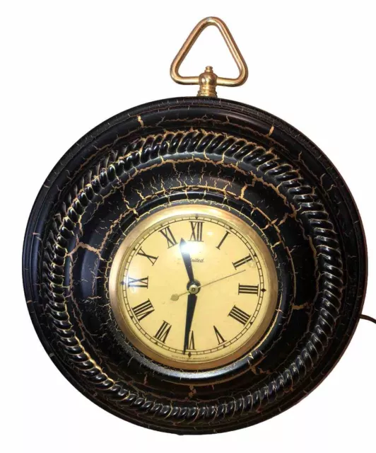 VINTAGE MCM United Rare Metal Black & Gold Wall Electric Clock