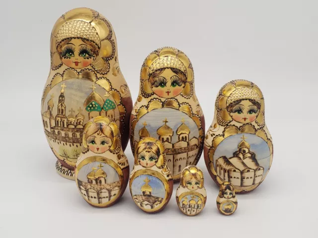 Russian Matryoshka Nesting Dolls - 7pc - Hand Carved & Painted Signed Church