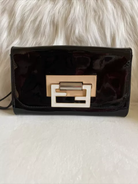 Authentic Black Fendi Wallet Flat Baguette, Patent Leather