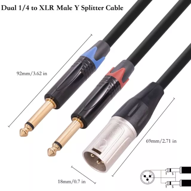 XLR Male to 2x 1/4 6.35mm Cable Gold-plated-Plug XLR to TRS Cable PVC Line