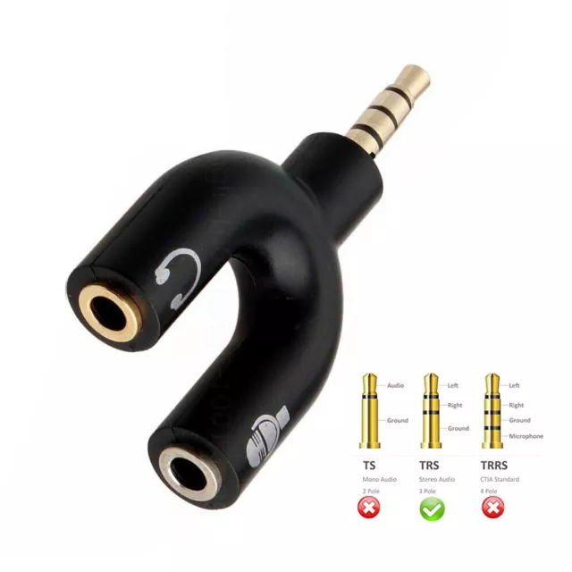 3,5 mm Headset Audio Mikro Splitter AUX Adapter TRRS 4polig auf 2 TRS 3polig Buchse