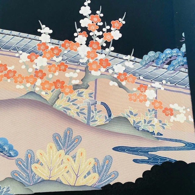 Heaven #B 14x64 LONG Hand Painted Tomesode Black Silk Kimono Fabric ToD79