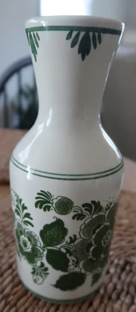 Vtg BOLS DELFT GREEN Pottery Carafe Vase Floral Hand Painted 8" Made in Holland
