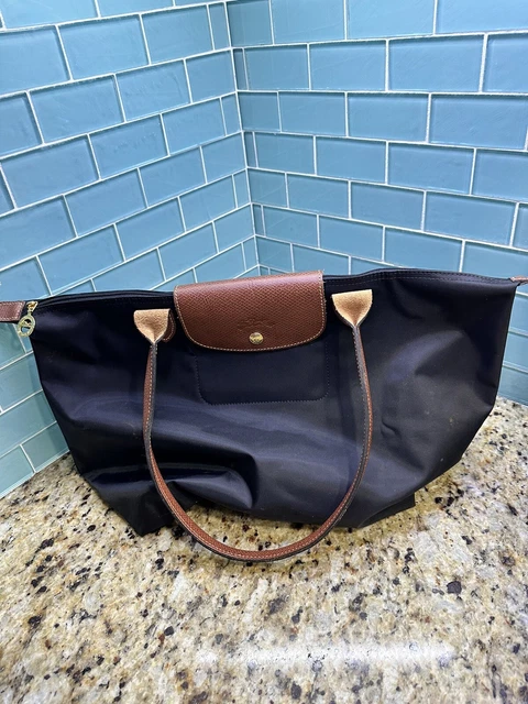 New Longchamp Le Pliage Nylon Large Tote Bag Leather Strap Handles Handbag Black