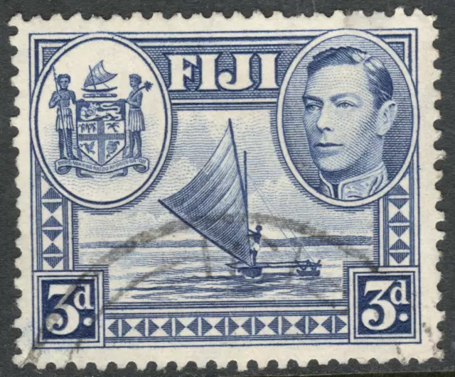 1938 FIJI ISLANDS KGVI Canoe and Coat of Arms 3d used stamp