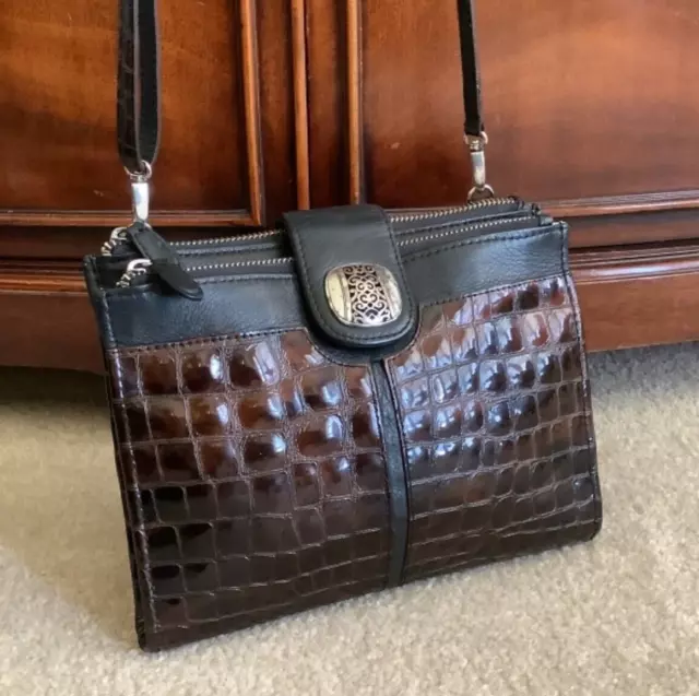 BRIGHTON Crossbody Organizer Bag Croc Brown Blk Leather Slim Purse Wallet Clutch