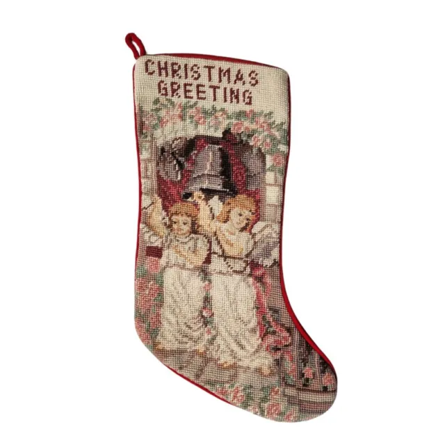 Vtg Needlepoint Christmas Greetings Holiday Stocking Velvet Angels Bell Floral