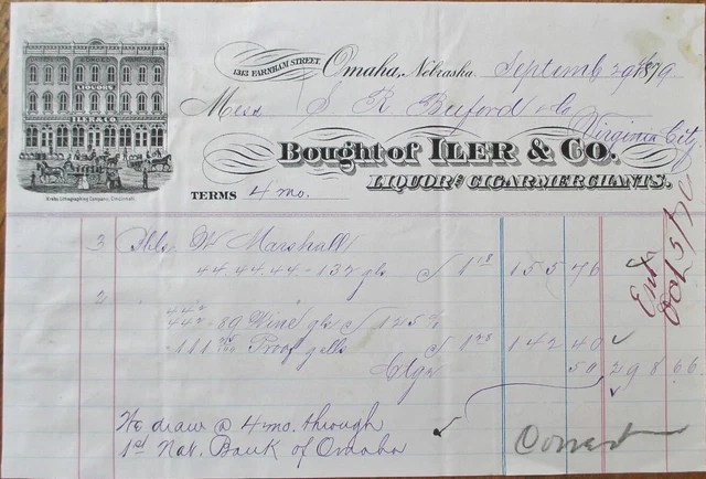 Omaha, NE 1879 Letterhead, Liquor, Cigar Merchants to Virginia City, MT Montana
